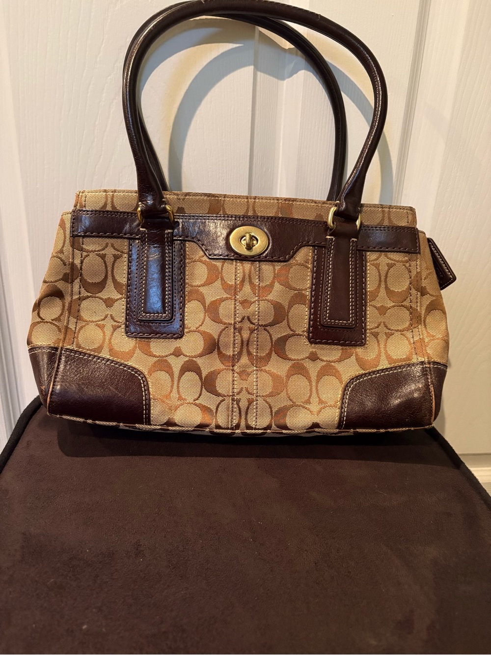 Coach Tan Signature Canvas Shoulder Bag with Dark Brown Leather Trim